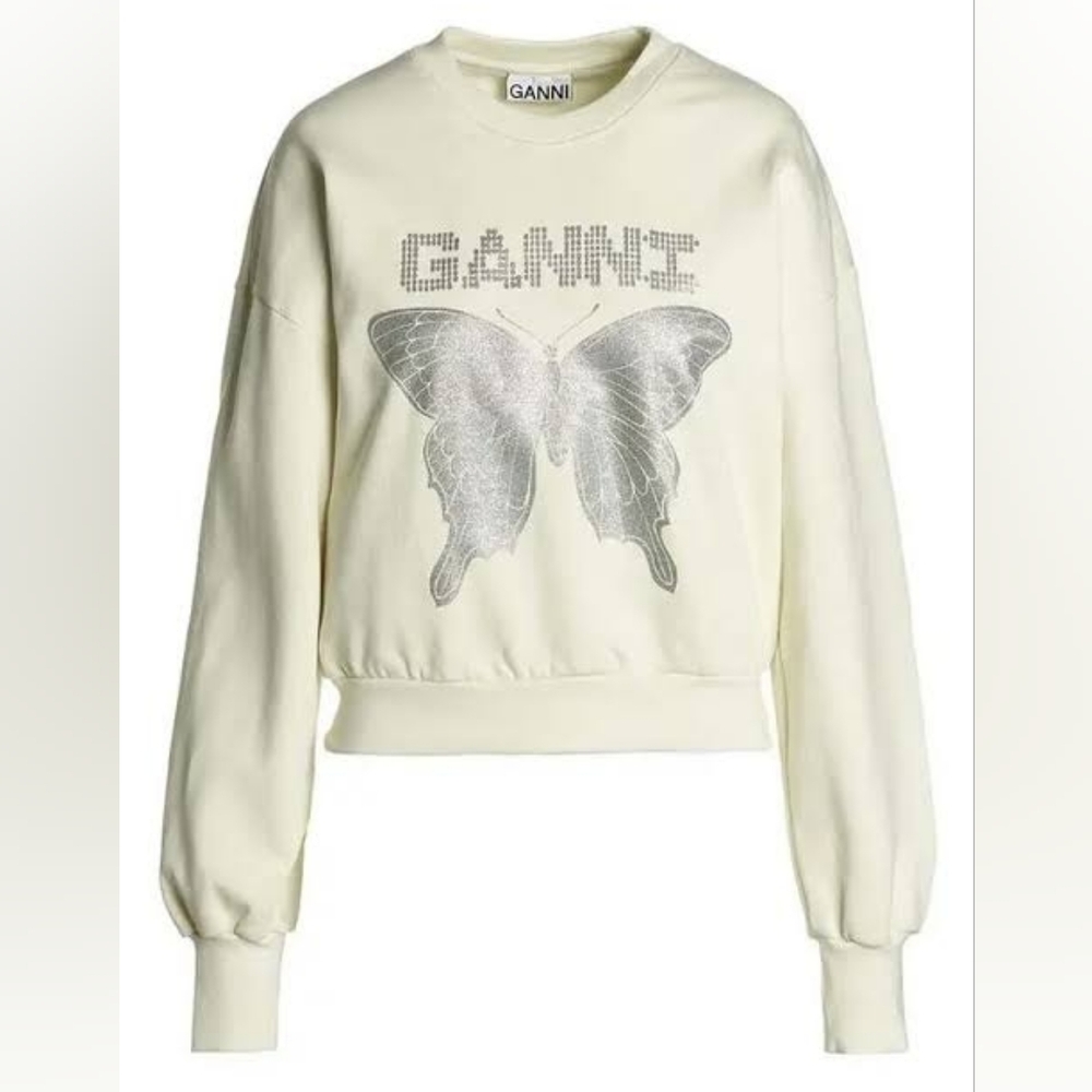 GANNI Cream Sweatshirt with Silver Butterfly, Small